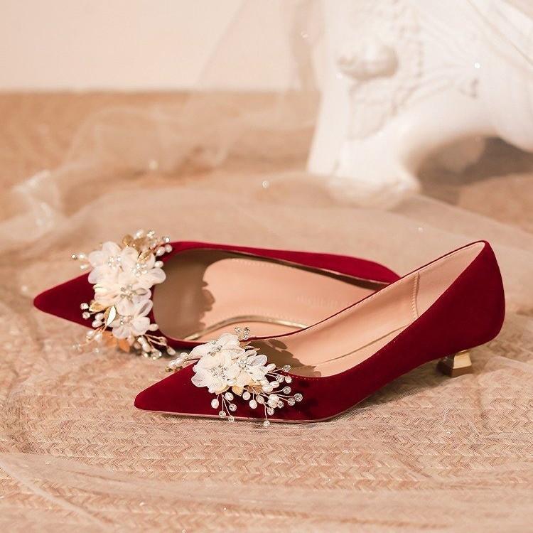 New red wedding shoes women's shoes rhinestone show heel high heels toast Chinese dress shoes single shoes