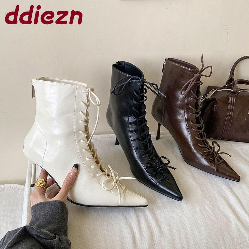 Módní dámské kotníkové boty s špičatou špičkou a tenkým podpatkem, módní šněrovací moderní dámské krátké boty, dámské lodičky