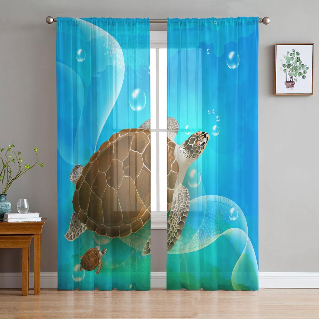 Sea Turtle Ocean Creature Landscape Sheer Voile Curtains For Living Room Bedroom Transparent Tulle Curtains Window Drapes