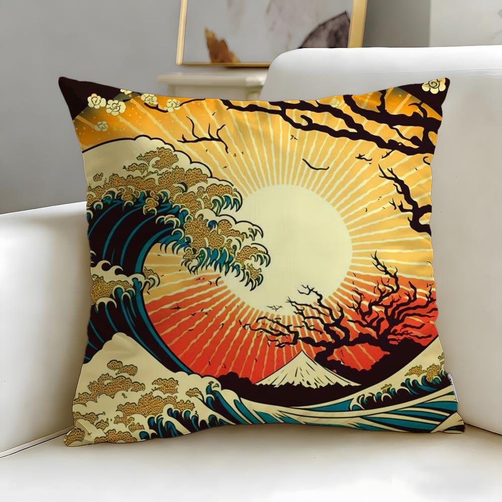 Classic Art Theme Japanese Waves Cushion Cover Soft  EasyWash Pillow Case  Versatile for Couch Bed Travel and Office
