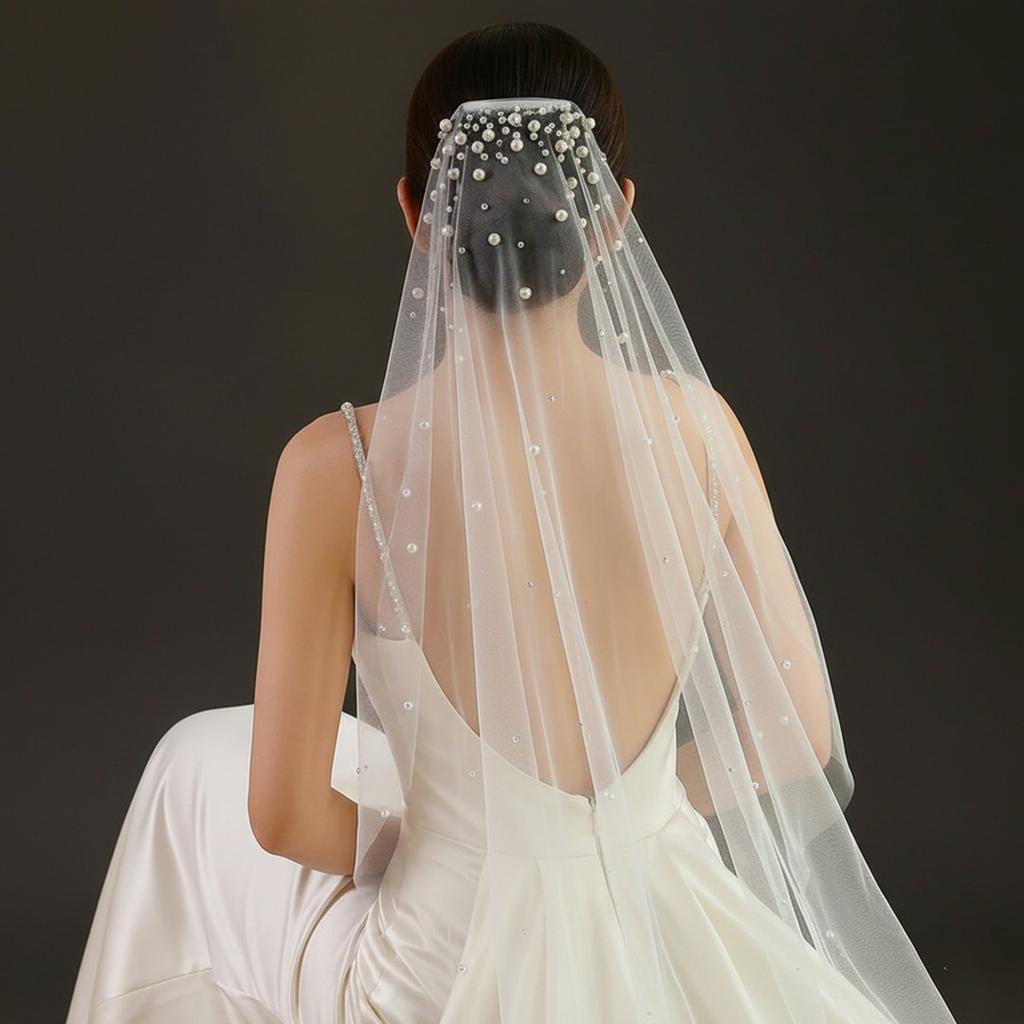 Pearls Crystal Decors Bridal Veils with Hair Comb Seethrough Sheer Single Layer Head Veils for Wedding Event Photography