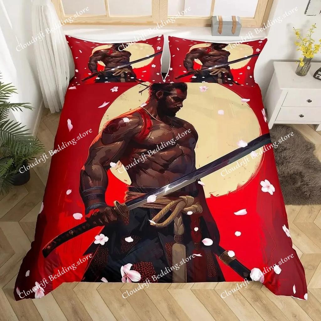 Fashion Japanese Samurai Bedding Set Full Size Cherry Blossoms Duvet Cover Red Sun Hokusai Comforter Fuji Mountain Quilt Cover