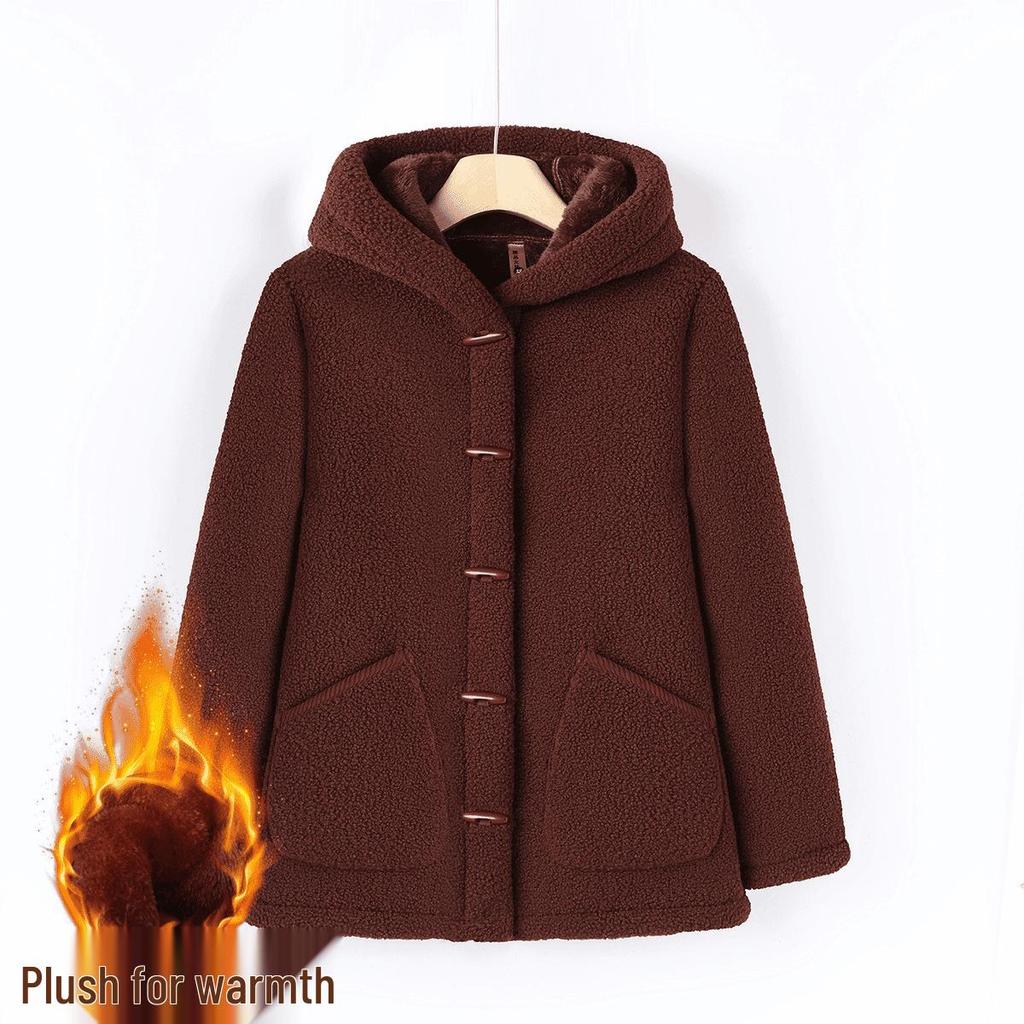 One-Piece Fashionable Winter Hooded Jacket for Middle-Aged and Elderly Women - Plus Velvet and Fleece Lined