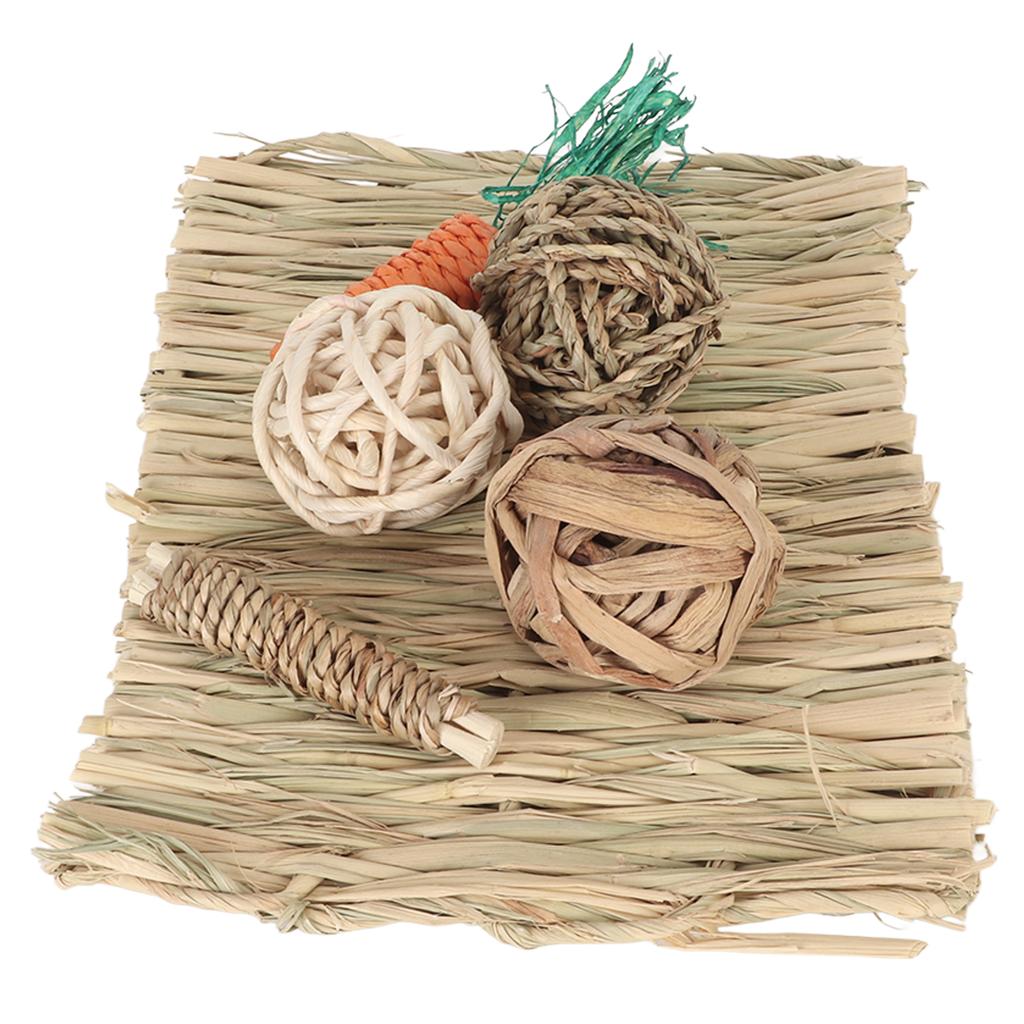 Hamster Chew Toy Set Hand Woven Teeth Grinding Toxic Free Pet Grass Mat Ball Toys for Guinea Pig Rabbit Parrot