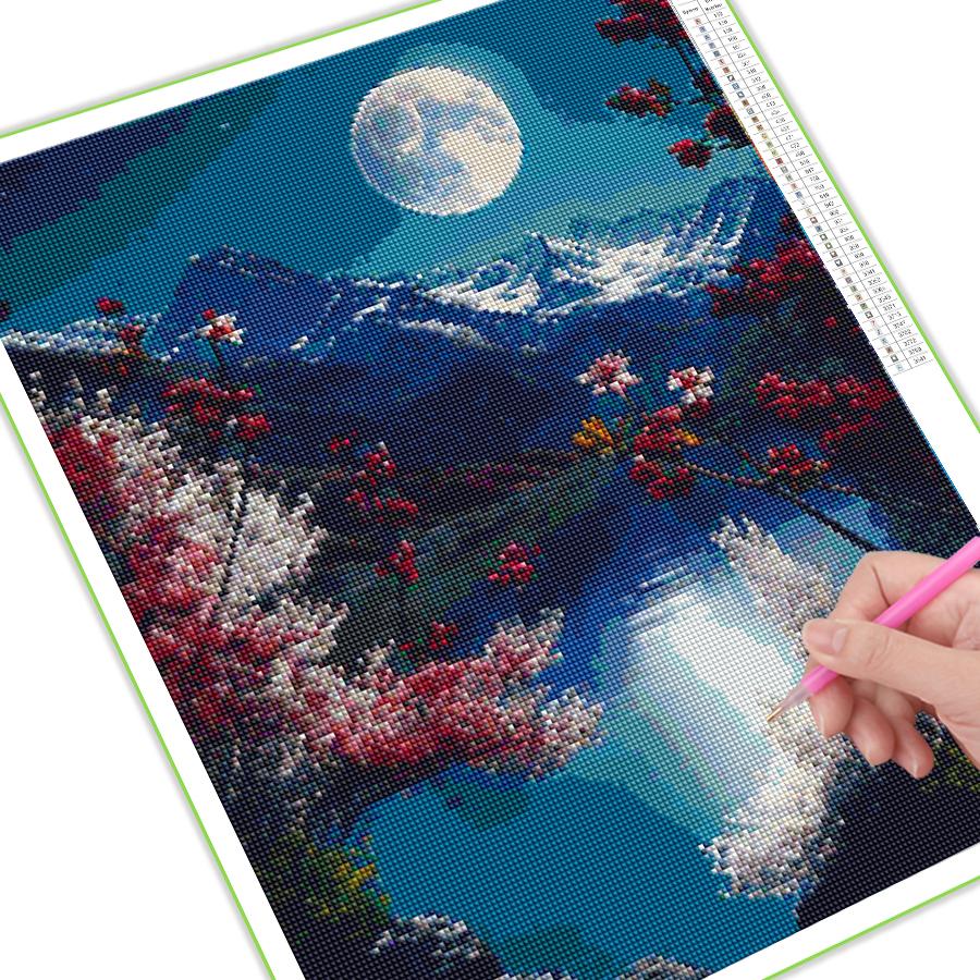 Moon Mountain Lake Diamantová maľba Nové príchody Diy Plný Štvorec Okrúhla vŕtačka Vyšívanie štrasom Nočná scenéria Mozaika Súpravy krížového vyšívania Nástenné dekorácie