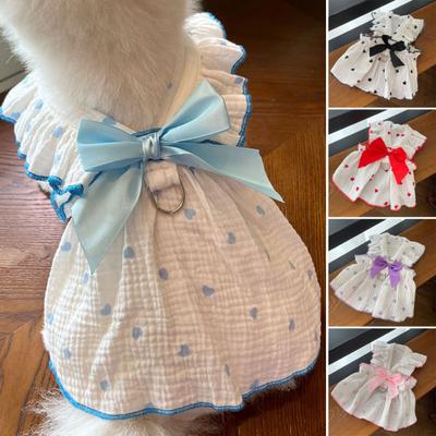 Pet Dress Love Heart Print Sleeveless Ruffle Bowknot Decor Breathable Spring Summer Small Medium Dog Cat Clothes Outfit Apparel Pet Supplies