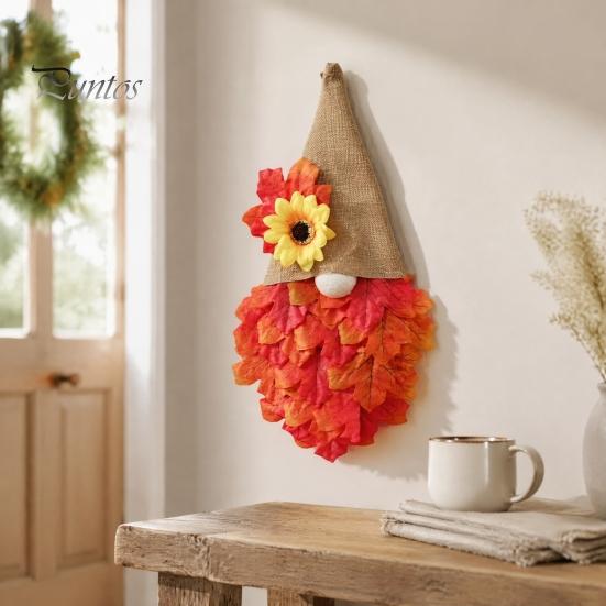 Front Door Hanging Wreath Autumn Gnome Maple Leaf with LED Lights, Rustic Pointed Hat Fall Hanging, Farmhouse Harvest Thanksgiving Home Decor Vintage
