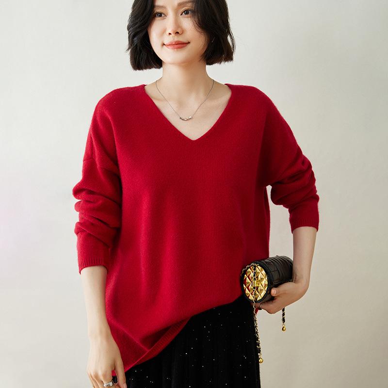 Women's V-Neck Cashmere Bodycon Knit Sweater, Solid Color, Medium-Length, Long Sleeve, Casual Loose Pullover.