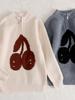 Kids' Cherry Jacquard Wool Pullover Sweater, Unisex Half-Zip Ribbed Base Layer