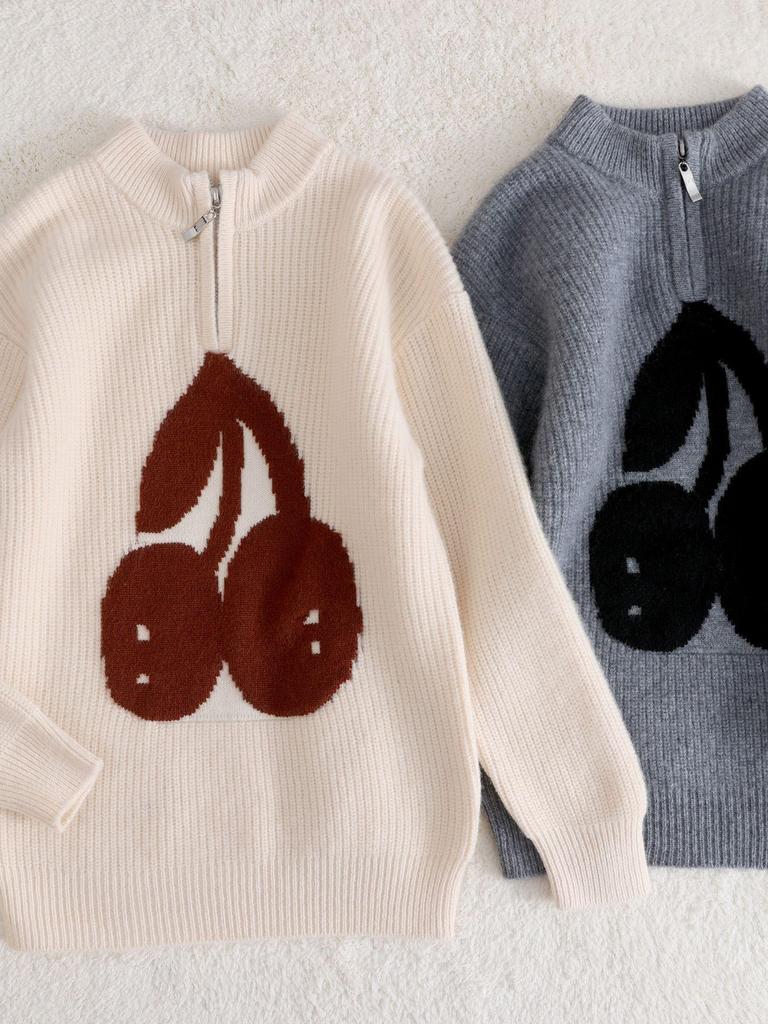 Kids' Cherry Jacquard Wool Pullover Sweater, Unisex Half-Zip Ribbed Base Layer
