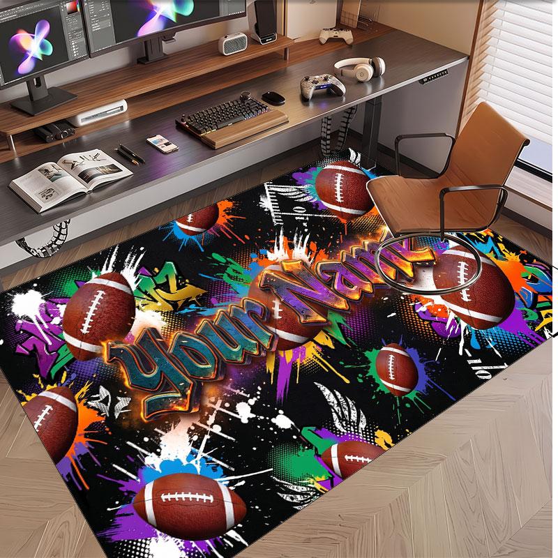 American Football Theme Soft Crystal Velvet Rug Custom Name & Text Print Non Slip Floor Rug for Bedroom Living Room