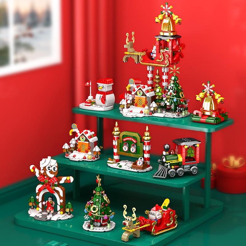 DIY 8in1 Lights Christmas Elk Deer Santa Claus Train Architecture Store Street View Xmas Tree Snow House Building Block Kit Toy