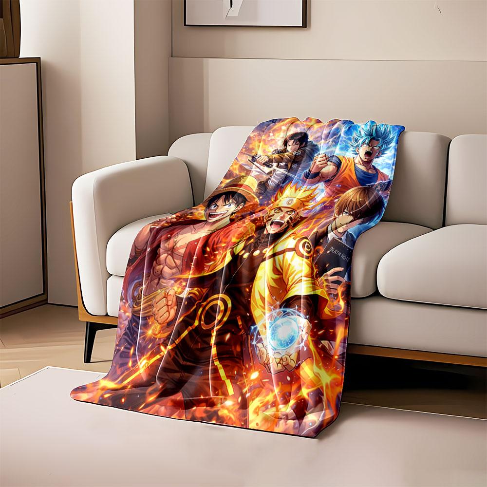 

The image features vibrant anime characters surrounded by fiery energy. for all seasons blanket lunch break throw gift 80cm x 120cm