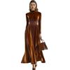 Women's Long Sleeve Velvet Belted Midi Dress with Puff Sleeves