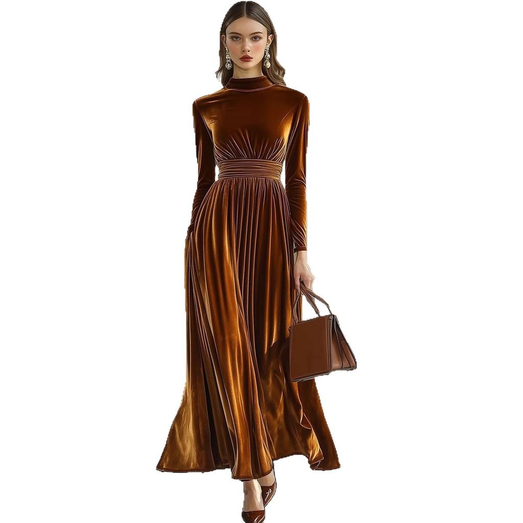 Women's Long Sleeve Velvet Belted Midi Dress with Puff Sleeves
