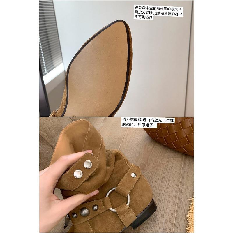 Cowhide Version~ Rivet Outdoor Thick Heel Western Cowboy Boots Women's Short Boots Retro Pointed Martin Boots