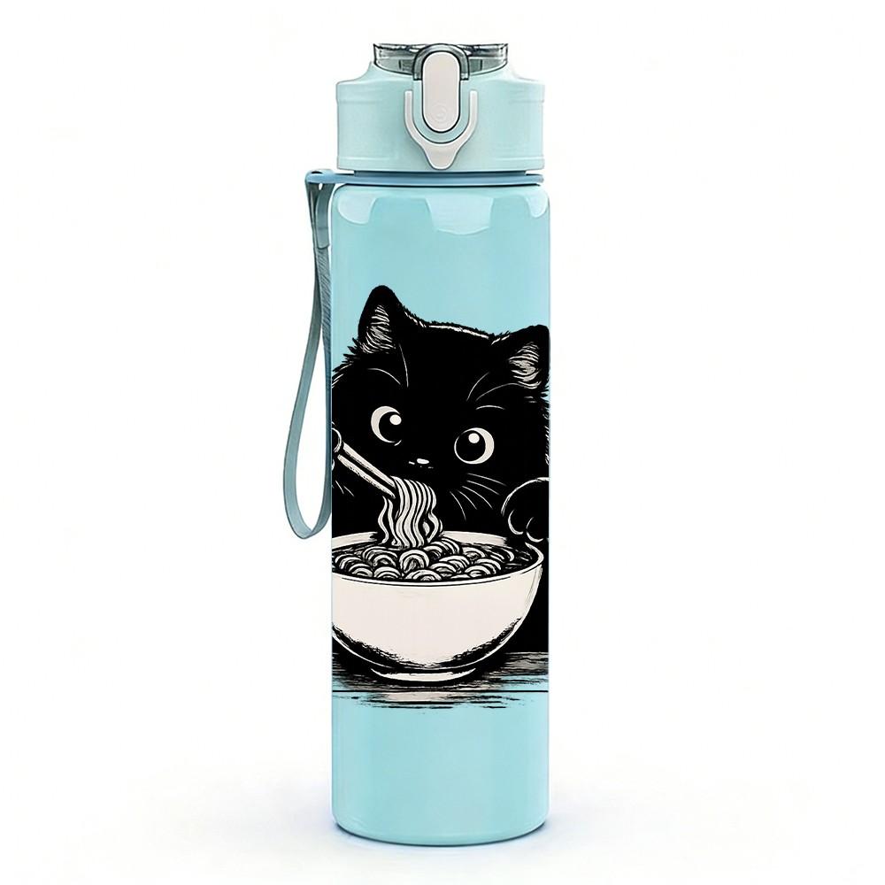 1PC Black Cat Eating Noodle Print 750ml Color Plastic Sports Water Bottle Leakproof Flip Straw Lid Suitable for Sports Office Home Use
