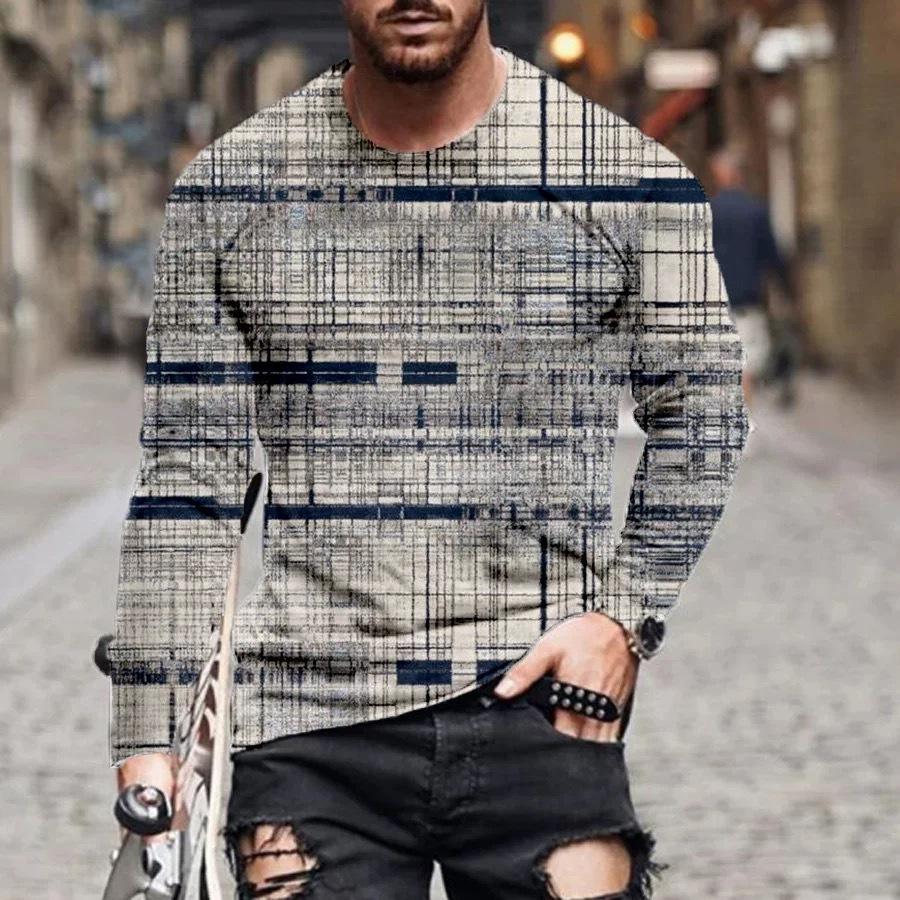 Spring and Autumn Round Neck 3D Printed Top Fashionable Casual retro Long Sleeved Men's T-shirts