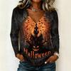 Womens Halloween Long Sleeve Pullover Top V Neck Casual Halloween Haunted House Print Sweatshirt Lightweight Pullover Shirt