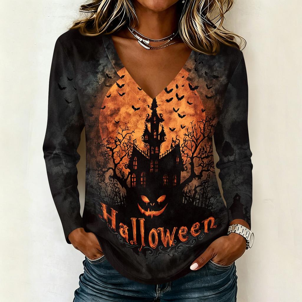 Womens Halloween Long Sleeve Pullover Top V Neck Casual Halloween Haunted House Print Sweatshirt Lightweight Pullover Shirt