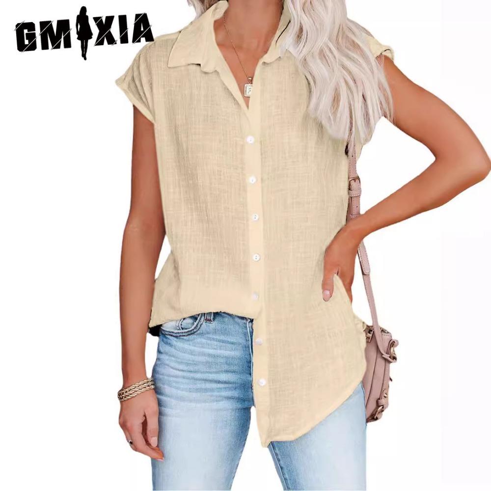 

GMXIA Женские модные повседневные летние однотонные блузки и рубашки без рукавов с воротником-поло с принтом