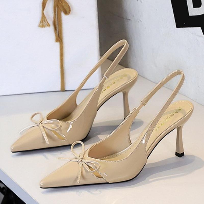 Fashion 2025 Summer Thin Heels Pumps Patent Leather Pointed Fashion Slipper Butterfly Knot Elegant Sandals Mules Shoes Zaptos Mujer