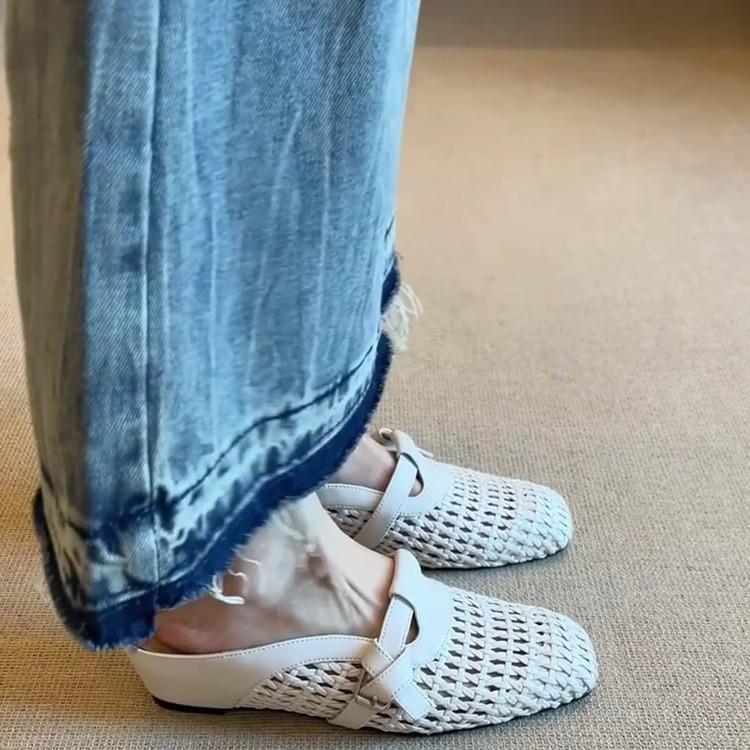 Sheepskin Bag Head Half Slippers Women's Summer Outer Wear Inner Heightening Hole Shoes One Pedal Woven Breathable Cool Single Shoes