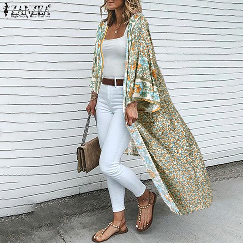 ZANZEA Bohemsk trykk Ferie Hverdagslig Langermet Strand Lang Cardigan Cover-up