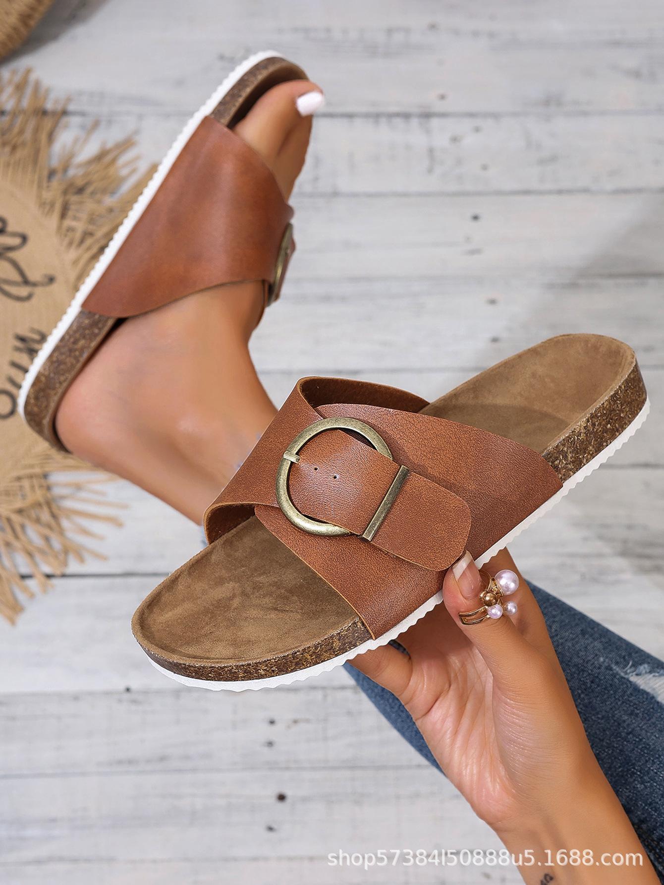 

Foreign trade one-word slippers women s open-toed flat-bottomed cool slippers 2025 new beach women s European beautiful women s large-size women s san 43 темно-коричневого кольору