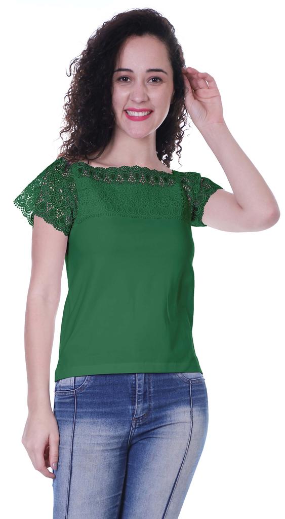 Moomaya Lace Sleeve Tops For Women Plain Boat Neck Tee Shirt