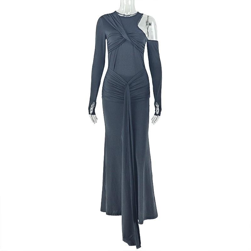 

European American Style Solid Color Design Women s Clothing Fashionable Pleated Shoulder Bag Hip Skirt Strap Hollowed-out Round Neck Dress M чёрный
