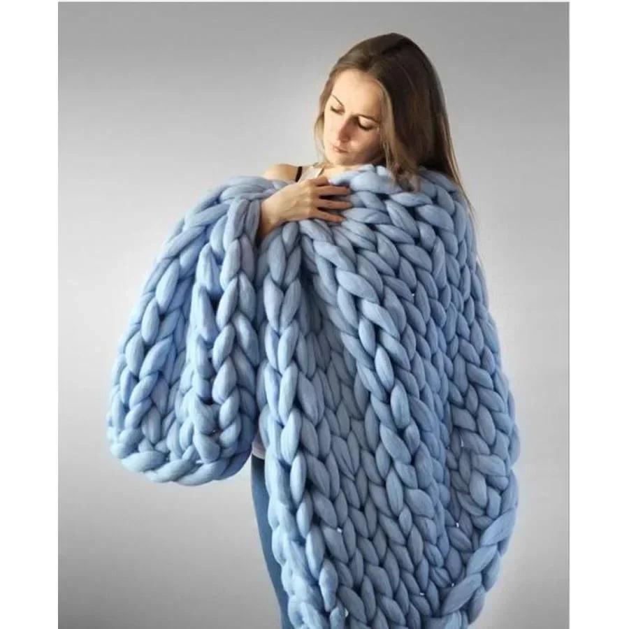 Chunky Merino Wool Blanket Thick Large Yarn Roving Knitted Blanket Winter Warm Plaid Throw Blankets Sofa Bed Blanket