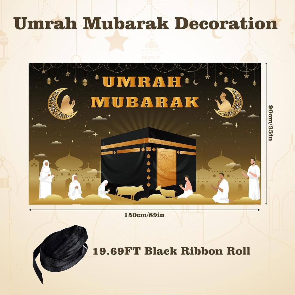 Umrah Mubarak Banner, 59×35 Inch Large Photo Booth Ramadan Mubarak Banner, Hajj Kaaba Background Ramadan Decorations for Home lslamic Muslim Eid