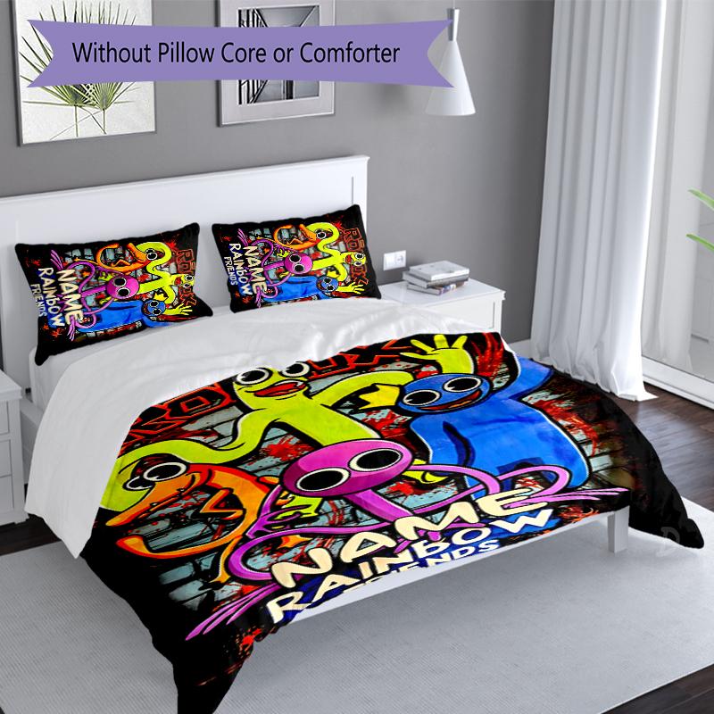 3pcs Custom Name Rainbow Friends Bedding Set,Includes 1 Duvet Cover and 2 Pillowcases,All-season Bedroom Decor