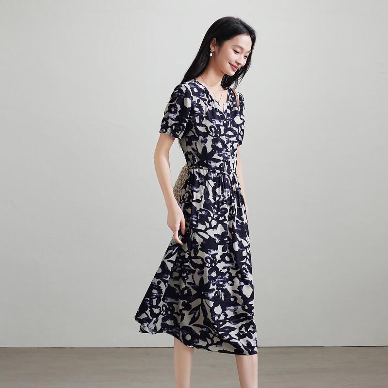 SOFSIL 2026 Summer French Print V-Neck A-Line Dress
