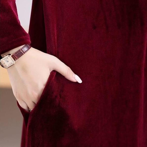 Damen Übergröße Samtkleid Frühling Herbst V-Ausschnitt Locker Langes A-Linien-Kleid