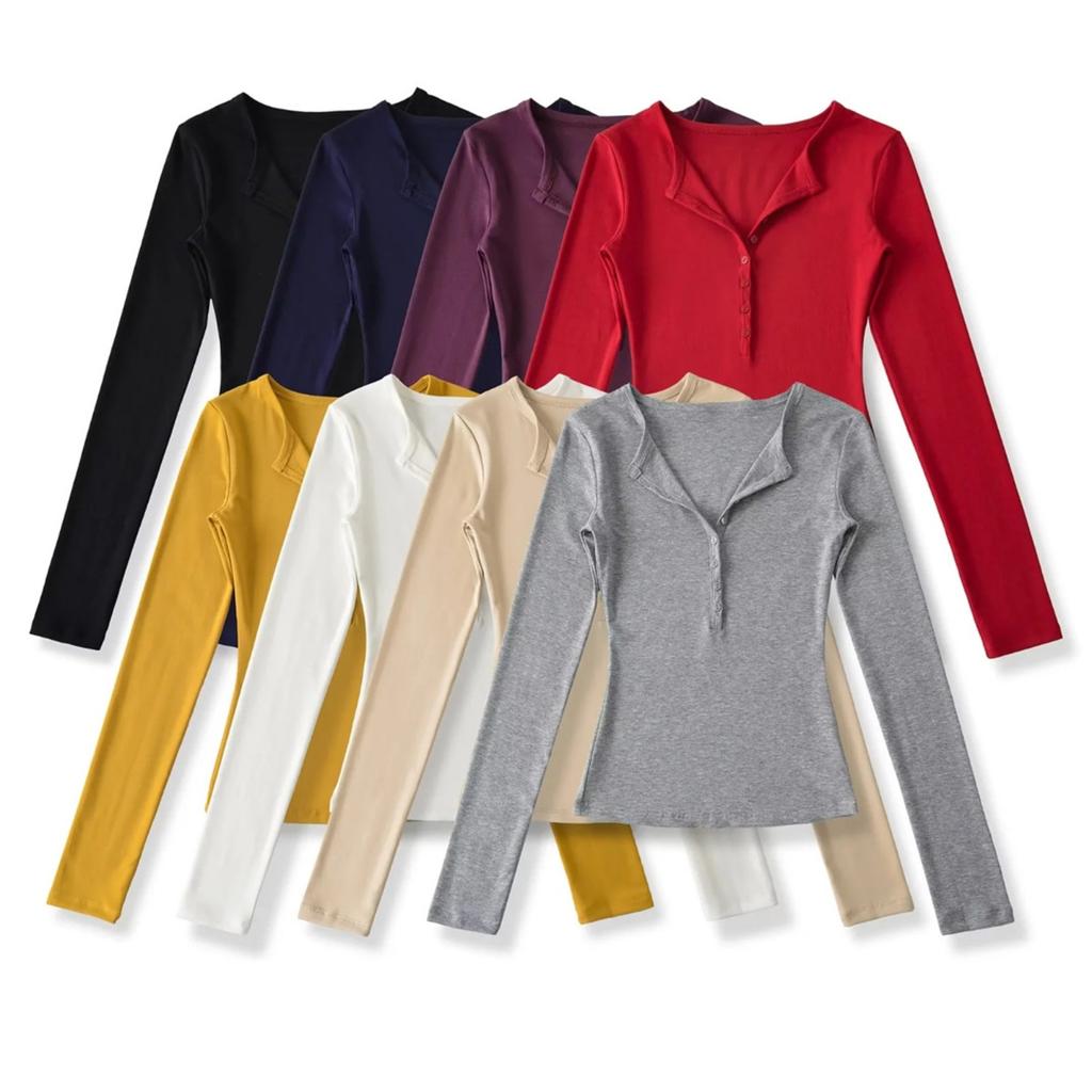 Women's V Neck Button Long Sleeve Slim Fit Top Stretch Solid Color Basic Tee