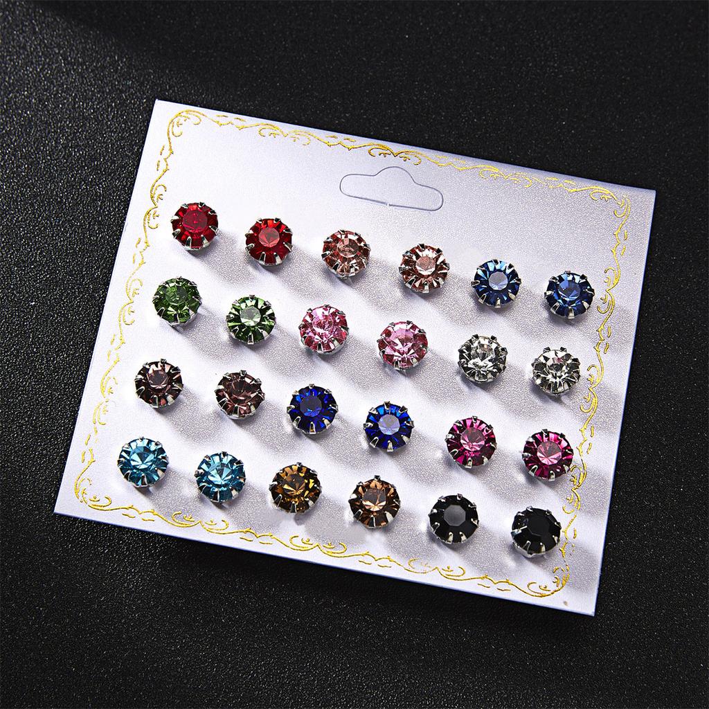 12Pairs/Set Colored Zircon Crystal Stud Earrings For Women Minimalist Geometric Imitation Pearl Round Bead Earring Trend Jewelry