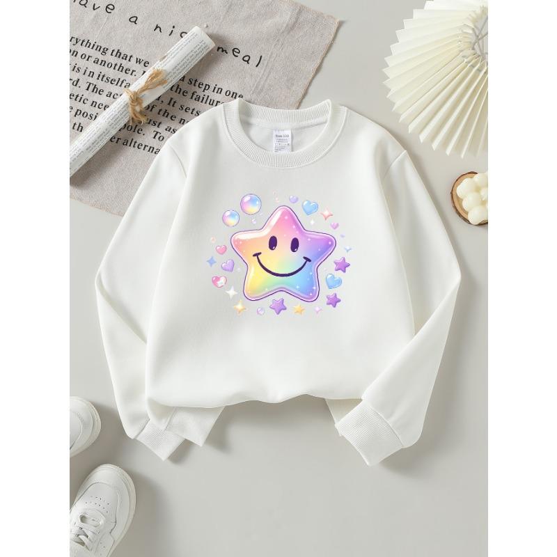 European Sizes Girls' Long-Sleeve Round Neck Sweatshirt "Rainbow Joyful Star" Print, Spring/Autumn, Casual, Daily & Sports.