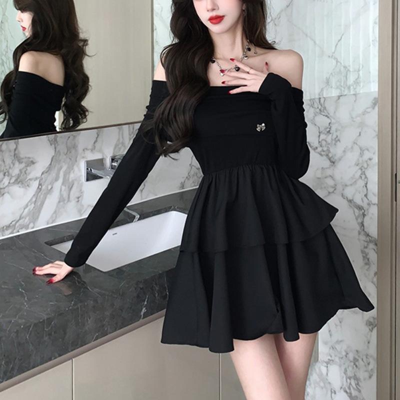 One-length Neck A-line Short Skirt Long-sleeved Dress for Women's Spring and Autumn Clothes Sweet Slim Waist-hugging Little Black Skirt