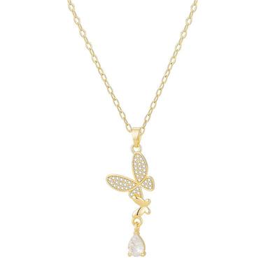 Butterfly Series Bronze Necklace with Water Drop, Light Luxury Fashion Chain, 18K Gold Zirconia & Diamonds.