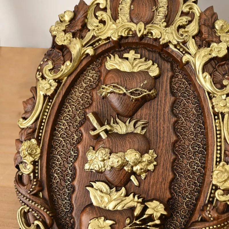 Vintage Święta Rodzina Trzy Święte Serca Chrześcijańska Sztuka Ścienna, Katolicka Statuetka Ozdoba, Drewniana Dekoracja Świąteczna Prezent