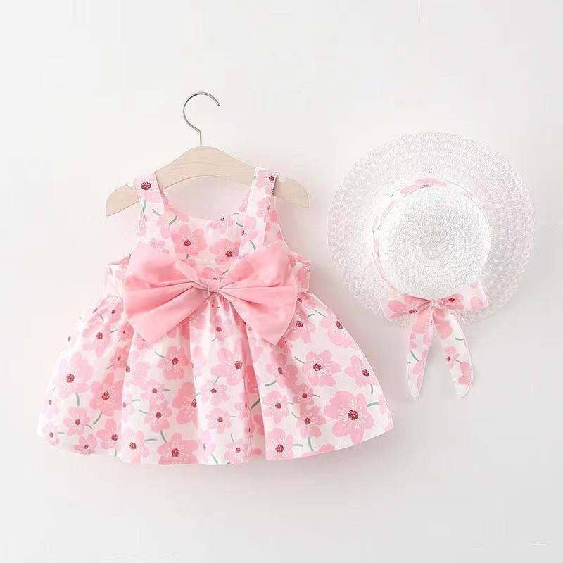 A749 Summer Baby Girl Princess Dress with Big Bow & Flower Skirt, Includes Hat, for Ages 1-4
