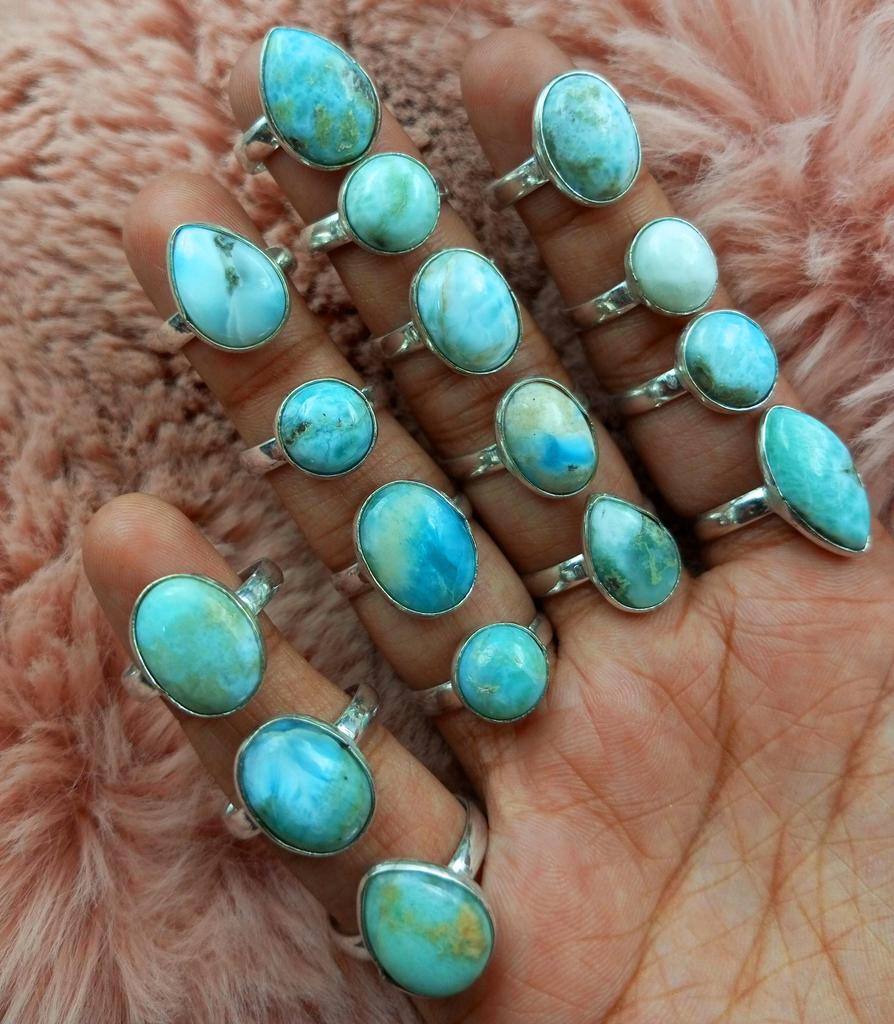 10Pcs Larimar Gemstone 925 Sterling Silver Plated Wholesale Lot Rings JOR-R14