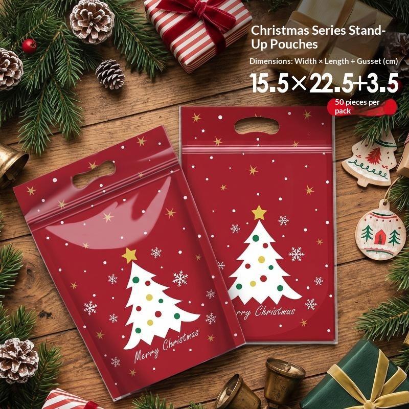 50Pcs Resealable Christmas Resealable Bags Christmas Plastic Sealing Bags With Handles For Xmas Holiday Party Candy
