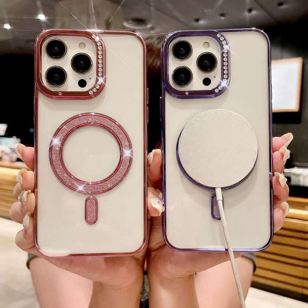 Beauty Diamond Magnetic Suction Mobile Phone Case Apple 17PRO Flash Diamond Electroplating Soft Case iPhone15 Flash Powder Magnetic Case Is Suitable