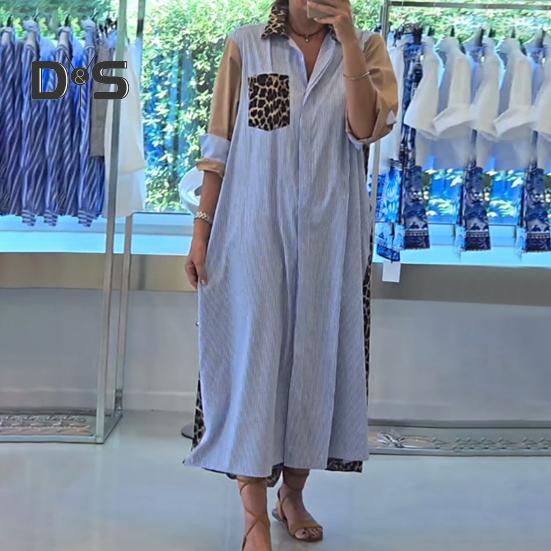 Lady Shirt Dress Leopard Print Patchwork Turn-down Collar Contrast Color Single-breasted Loose A-line with Chest Pockets Spring Fall Midi Dress