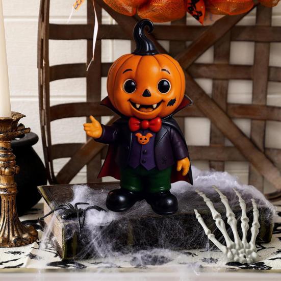 Halloween Pumpkin Kid Figurine Mini Resin Demon Pumpkin Statue Spooky Tabletop Ornament for Outdoor Indoor Home Garden Decoration
