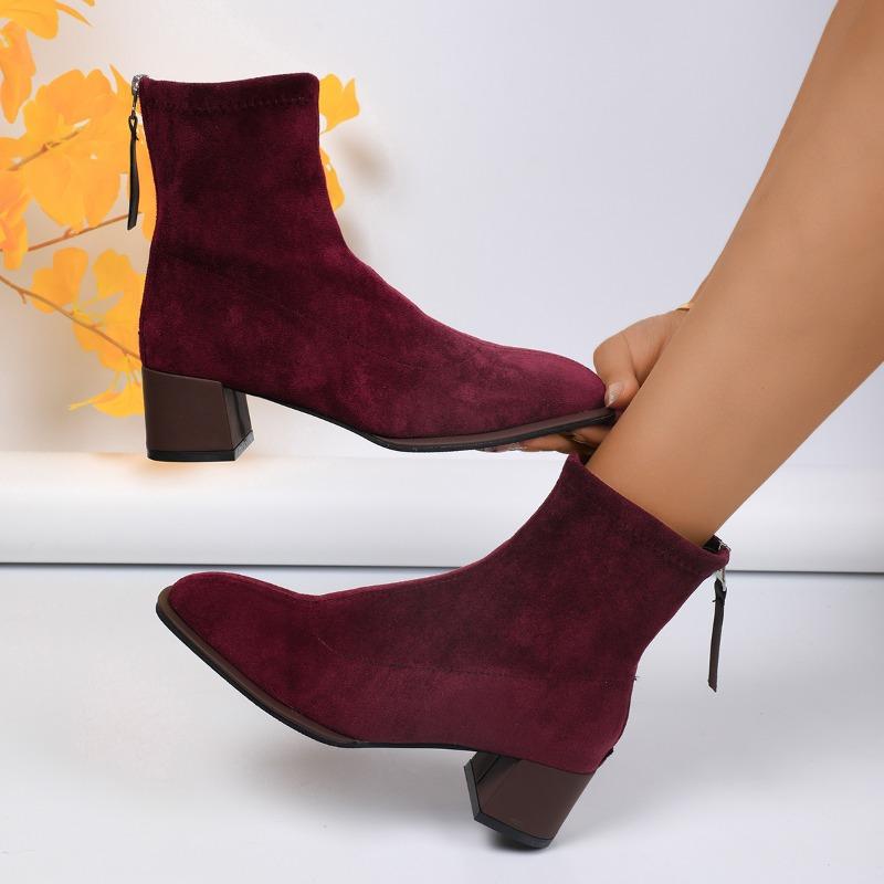 Fashion Solid Color Office High Heels Women's Boot 2024 New Winter Women's Square Toe Suede Ankle Boots Back Zipper Ladies Shoes