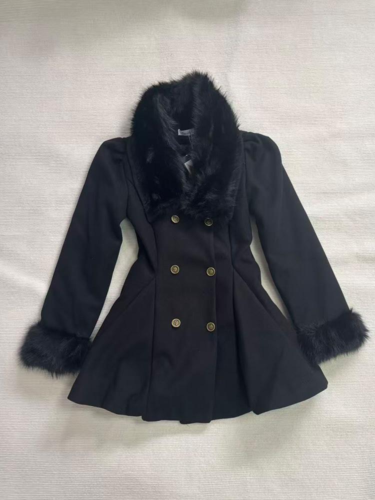 Winter Hepburn Black Fur Collar Woolen Coat French Style Vintage Blends Slim Mid-length Outwear Elegant Lolita Warm Outfits New